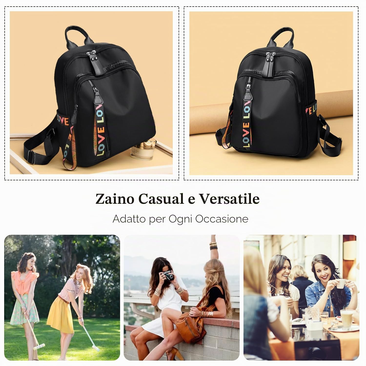 FANDARE Zaino Nero per Donna, Zaino Leggero Impermeabile per Scuola o Università, Zainetto Giornaliero per Viaggi, College e Lavoro