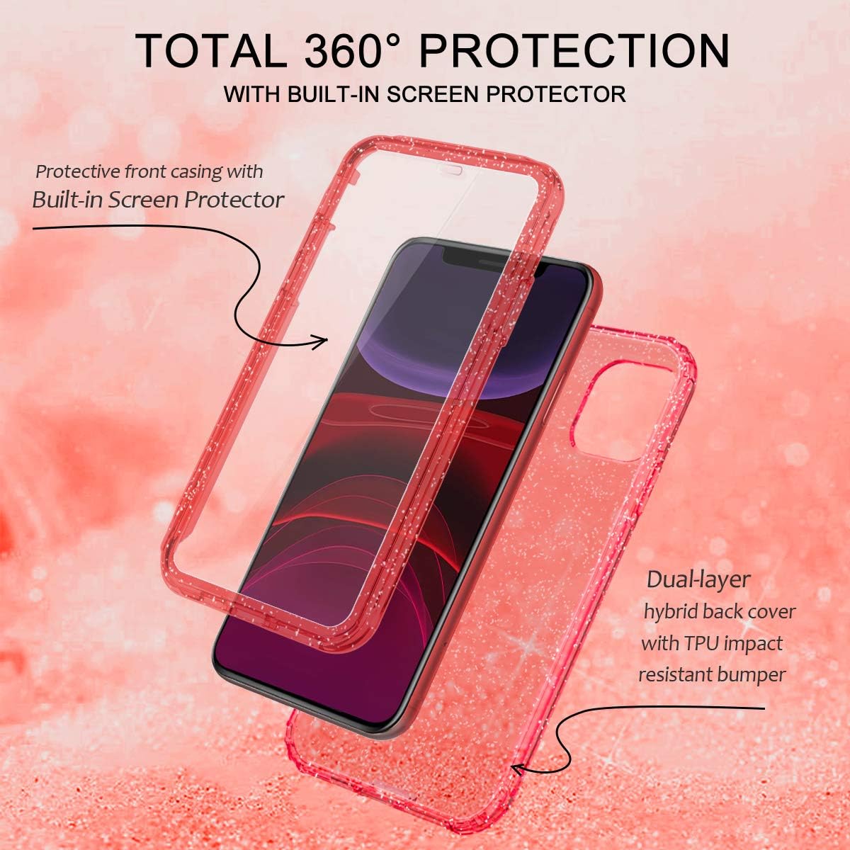 Casetego Compatible iPhone 11 Case,360 Full Body Dual Layer Slim Crystal Transparent Case with Built-in Screen Protector for Apple iPhone 11 6.1 inch,Shine Red