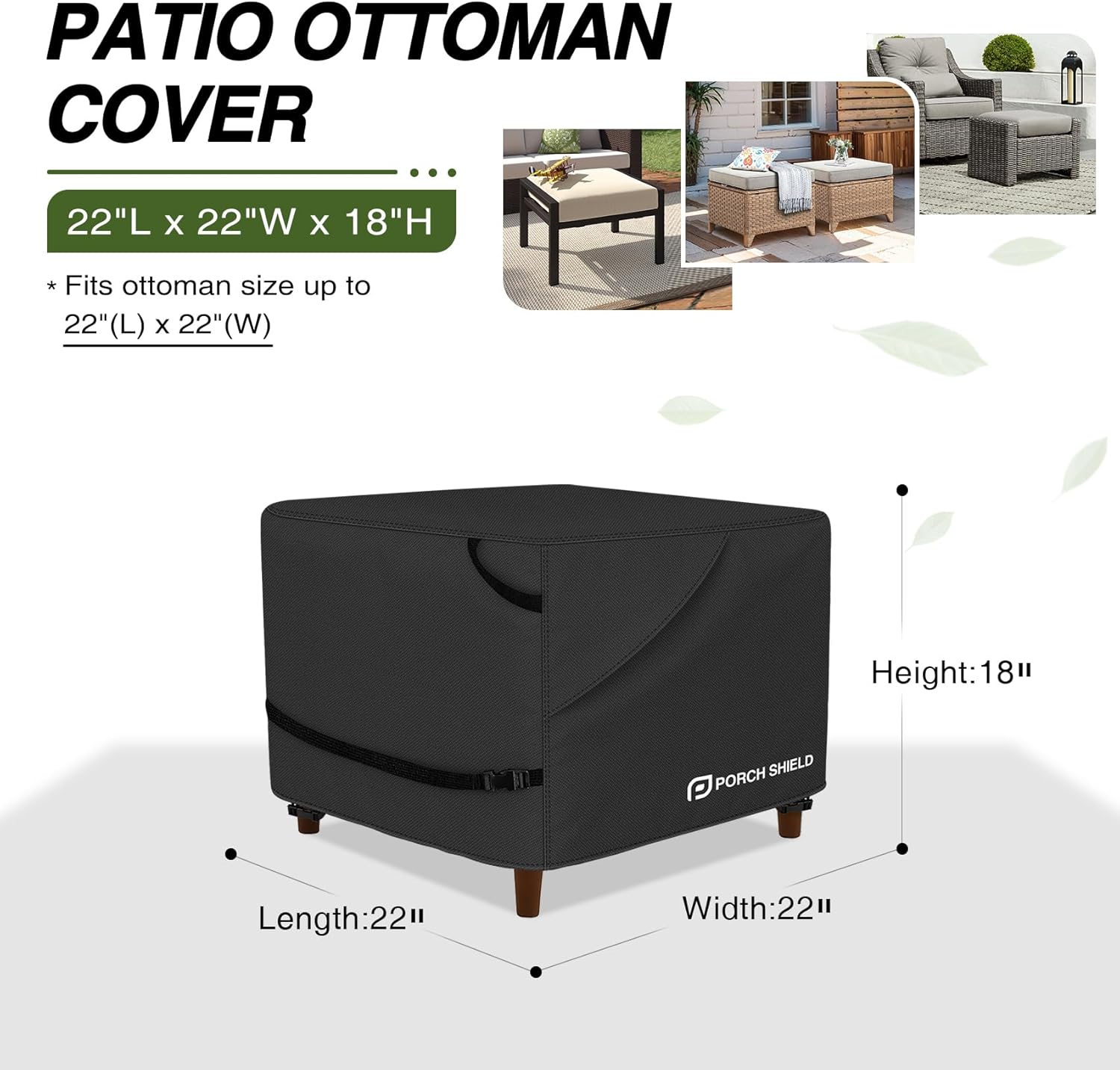 Porch Shield Patio Ottoman Cover - Waterproof Outdoor Square Side Table Covers – 22L x 22W x 18H inch, Black
