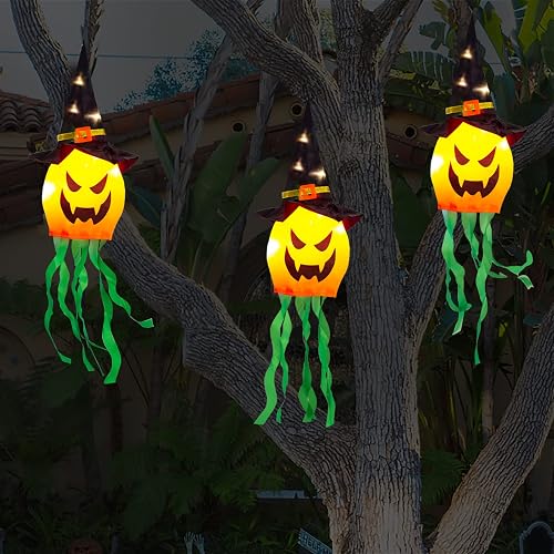Halloween Decorations Outdoor Hanging Lights Decor Glowing Pumpkin Witch Hat Led Lighted Up Scary Orange Decoration for Indoor Outside Party Tree Garden Porch Ornament (3 Pcs)