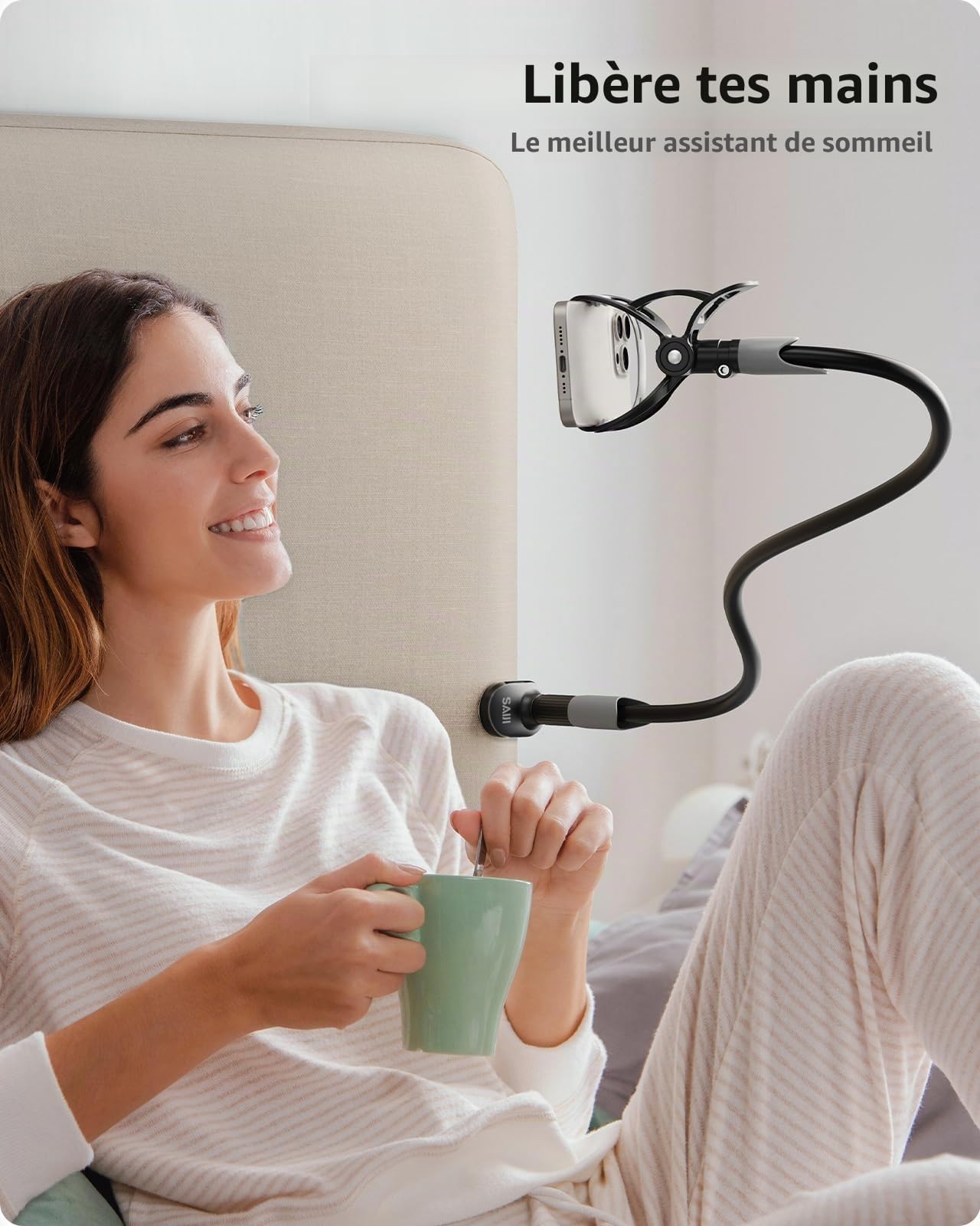 SAIJI Support de téléphone portable pour lit, col de cygne - Bras long rotatif à 360° - Pour iPhone 17, 16, 15, 14, 13, 12 Pro, écran de 4" à 7" - Noir
