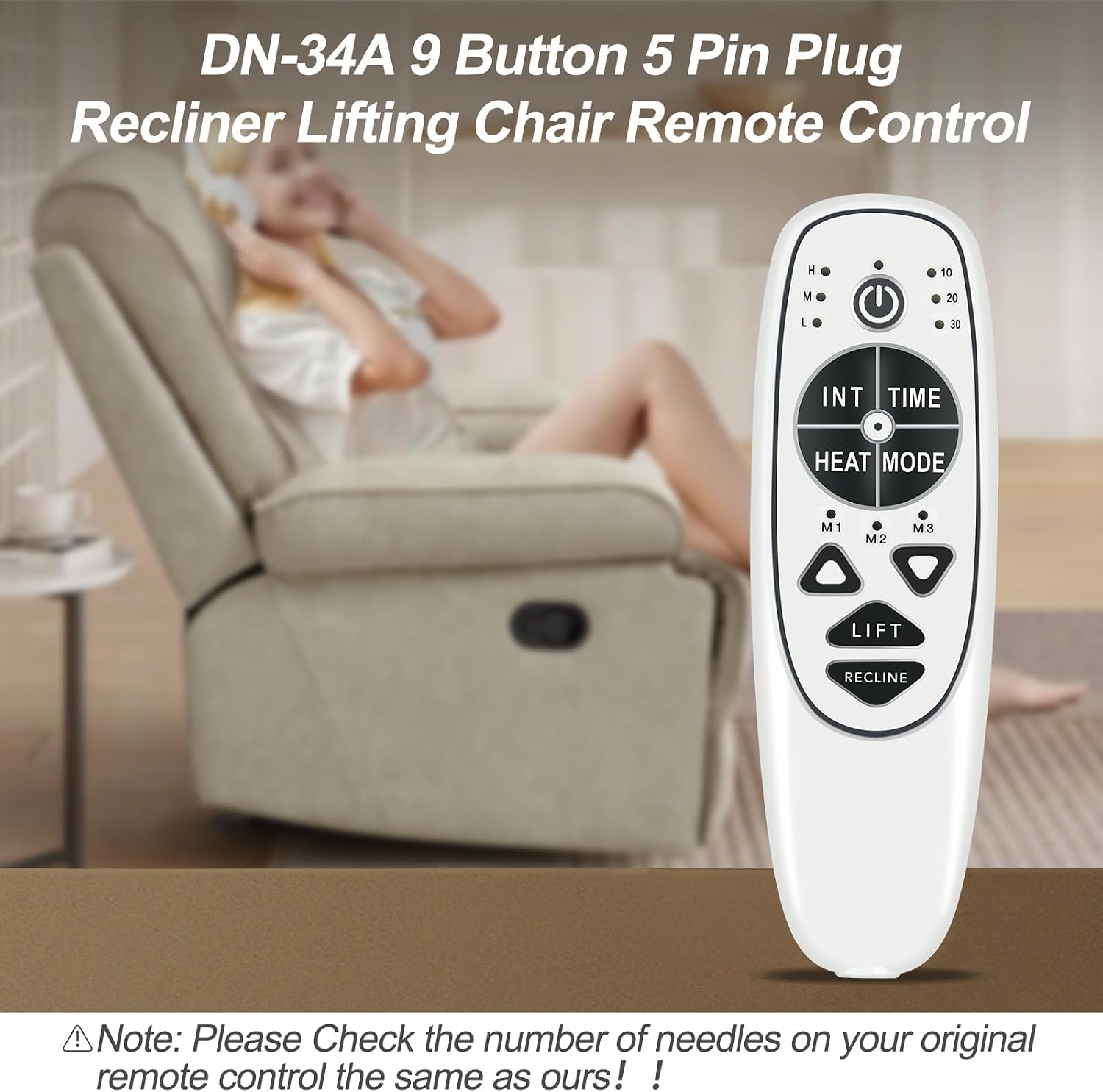 New 5 Pin Female Plug DN-34A 9 Button Recliner Remote Controller for Heat Vibration & Up/Down, 3 Vibration Mode & 3 Massage Time Option with 1 USB Charging Port Circuit Board Inside Code DN-34A