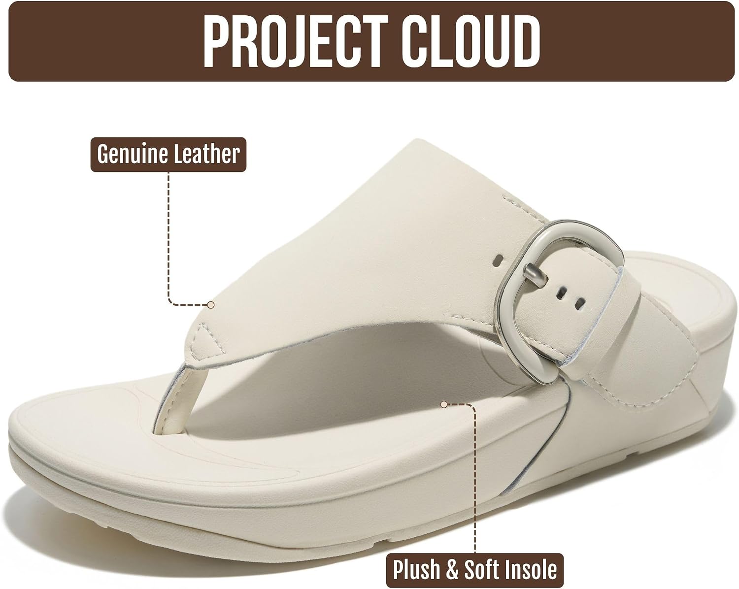 Project Cloud Genuine Leather Women’s Sandals – Thong Flip Flops with Plush Soft Insole, Arch Support & Non Slip Outsole – Comfortable Beach & Summer Slides thumbnail