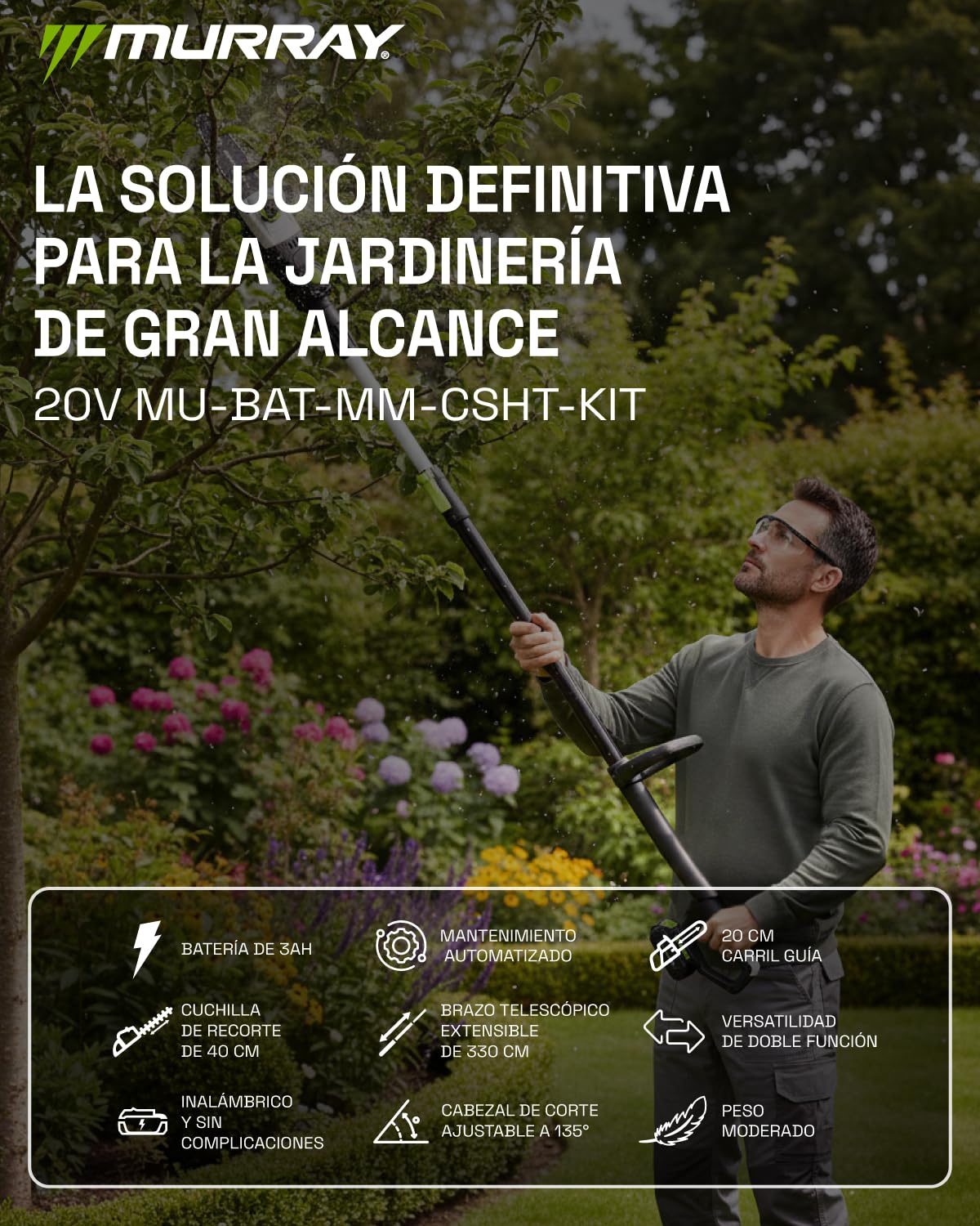 Murray Cortasetos & Motosierra Telescópica 2-en-1 con Batería MU-Bat-MM-CSHT-Kit – 20V, 3Ah, Hoja de Corte 40 cm, Guía de Sierra 20 cm, Sistema SDS, Inclinable, Alcance 330 cm