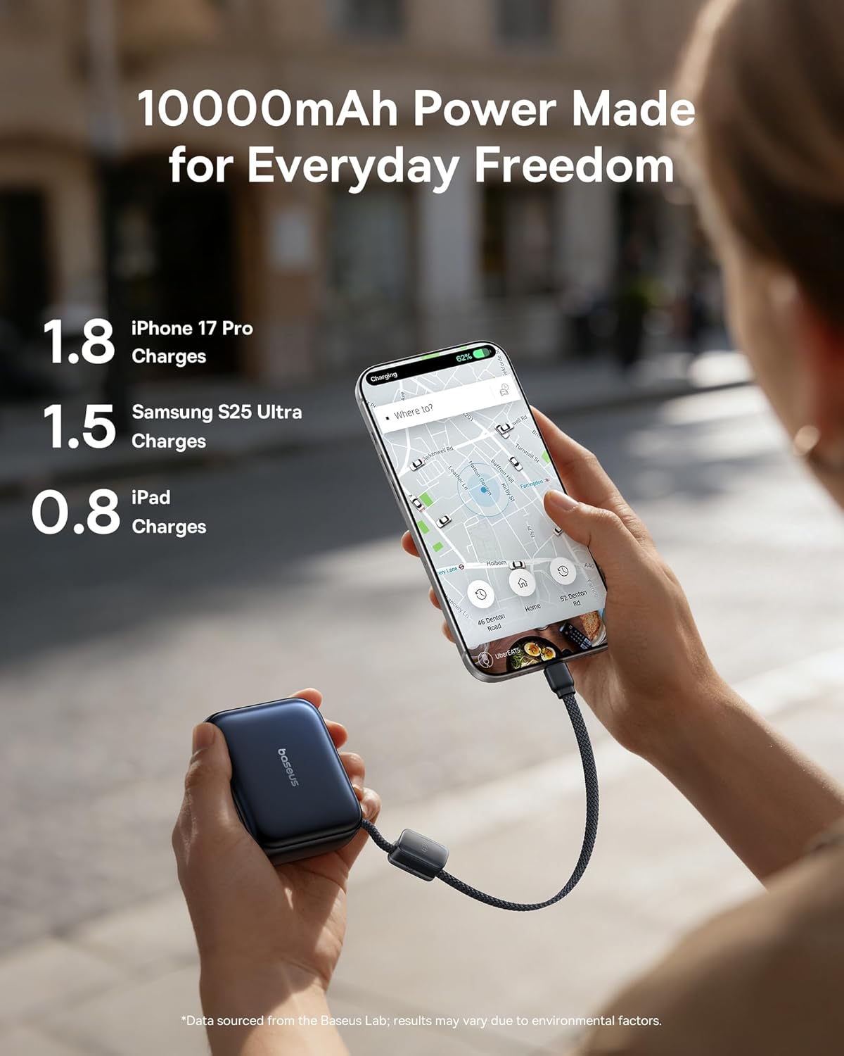 Baseus Mini 10000mAh Power Bank, 45W PD Portable Charger Built-in USB-C Cable, Pocket-Sized Travel Essential Battery Pack, Fast Charging Battery Bank for iPhone 17/16/15 Samsung S25/S24 Pixel 10 iPad