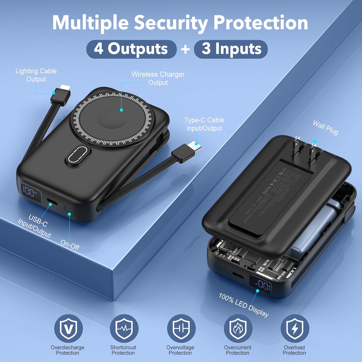 Magnetic Portable Charger 10000mAh for iPhone with Built-in Cables and Wall Plug,Wireless Power Bank with iWatch Charger,LCD Display 22.5W Fast Charging Battery Pack for iPhone 16/15/14/13/12 (Black) - Image 7