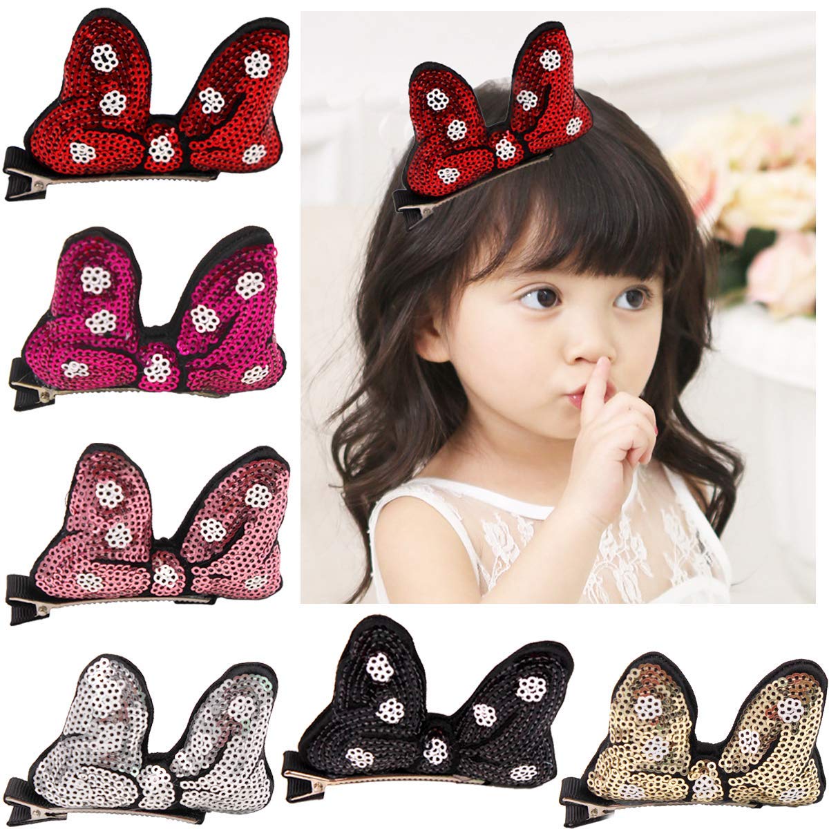 6 Pack Mouse Ears Hair Clips Clips Glitter Sequins Mickey Hair Bows Minnie Hair Clips Hair Accessories for Baby Girls Toddlers Kids Teens and Women for Costume Theme Party Birthday Princess Decoration