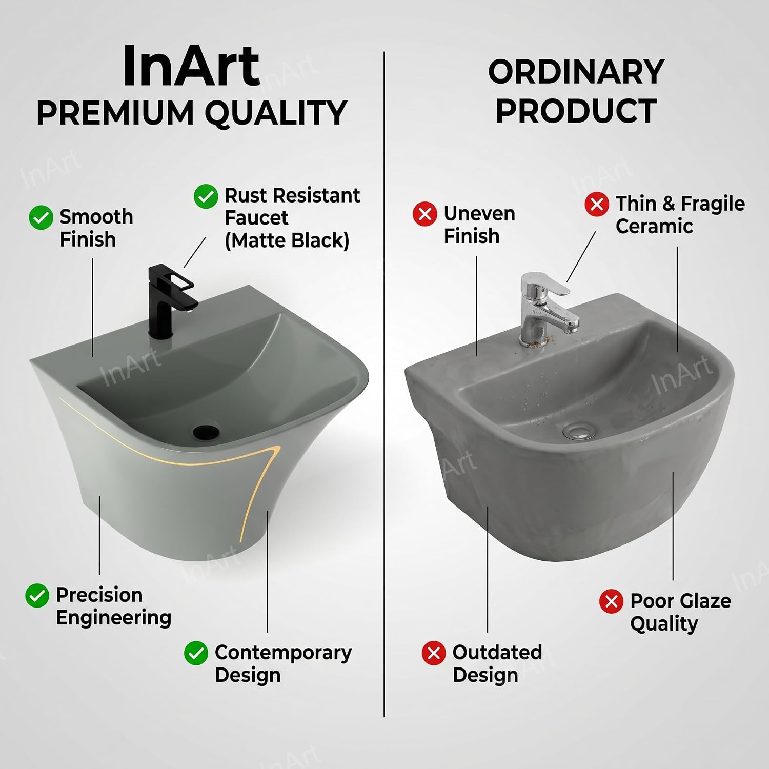 InArt Slim Rim Rectangular Grey Glossy Ceramic Vessel Sink, Wall Mounted Half Pedestal Bathroom Basin, Space-Saving Designer Look, 21.3 W x 17.3 D x 15.4 H in