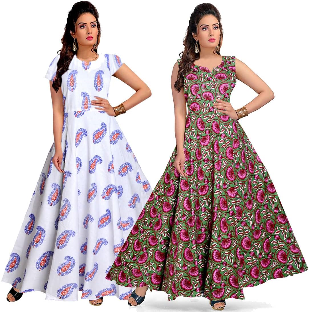 Khushi Print Jwf Women's Cotton Jaipuri Printed Maxi Long Frock Dress (ComboFR219, Multicolour, Free Size)