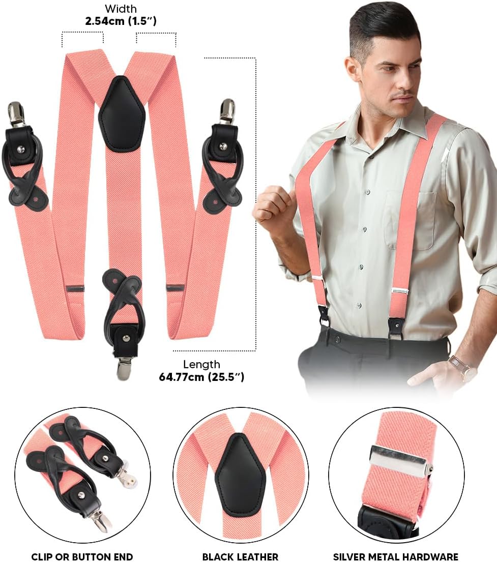 Convertible Suspenders with Interchangeable Clip & Button End Styles, Elastic Y-Back