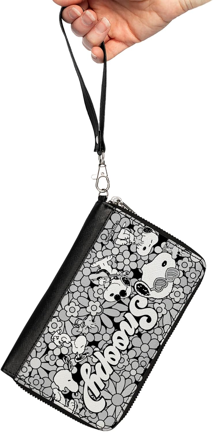 Buckle-Down Peanuts Wallet, Zip Around, Snoopy Poses and Daisy Flowers Collage Black Grays White, Vegan Leather - Image 2