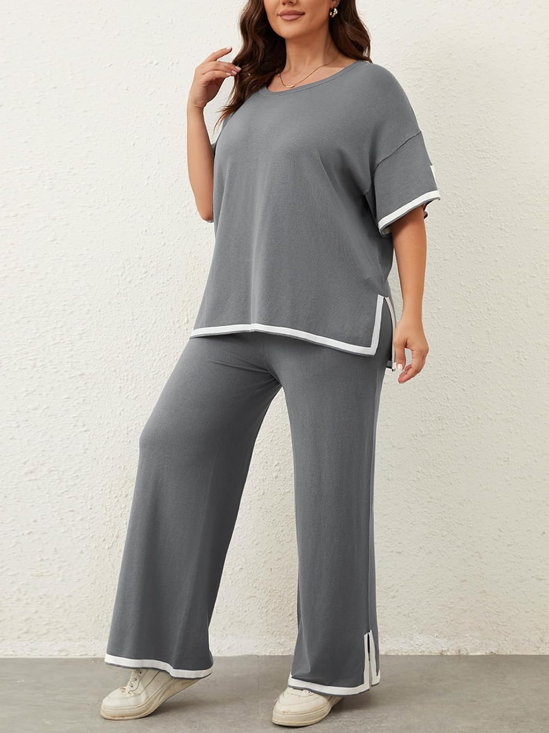 Imily Bela Womens Plus Size Lounge Sets 2 Piece Outfits Short Sleeve Pullover Tops Wide Leg Pants Summer Travel Outfits - Image 4