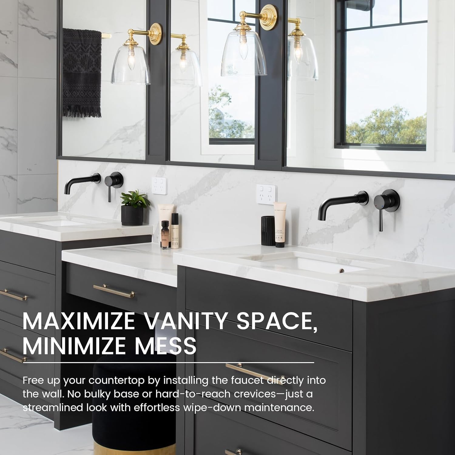 Bathroom Sink Faucet Matte Black Wall Mounted Bathroom Faucet, Single Handle Lavatory Sink Basin Swivel Mixer Tap with Valve