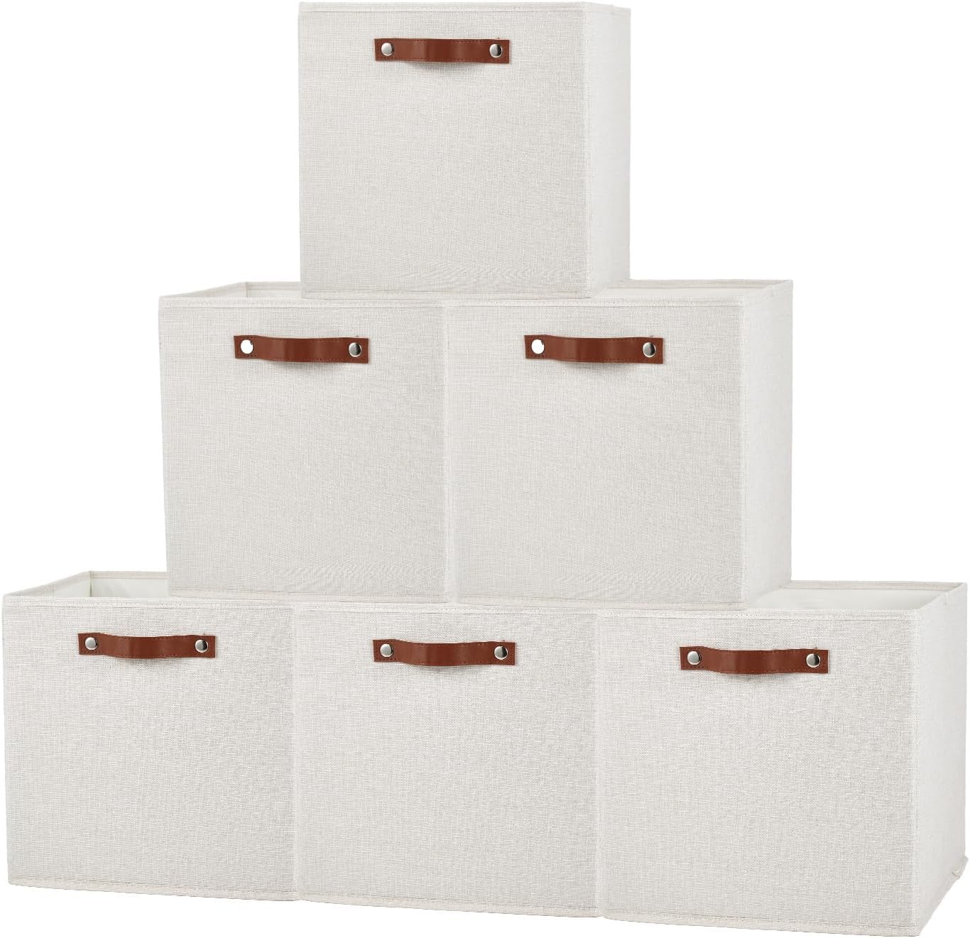 6 Pack Collapsible Storage Bins, 13x13 Inch Fabric Cubes with Sturdy Leather Handles - Collapsible Linen Storage Baskets for Closet, Shelves, Cabinet, Home Organization