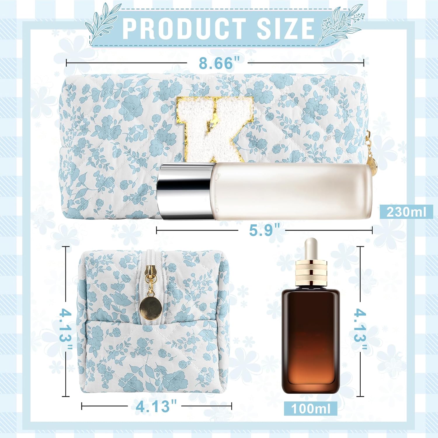 Personalized Quilted Cosmetic Bag, Puffy Monogrammed Christmas Birthday Gifts for Women & Girls, Cute initial Floral Makeup Bag Puffer Coquette Bag, Aesthetic Travel Toiletry Zipper Pouch(Blue,K) image 2