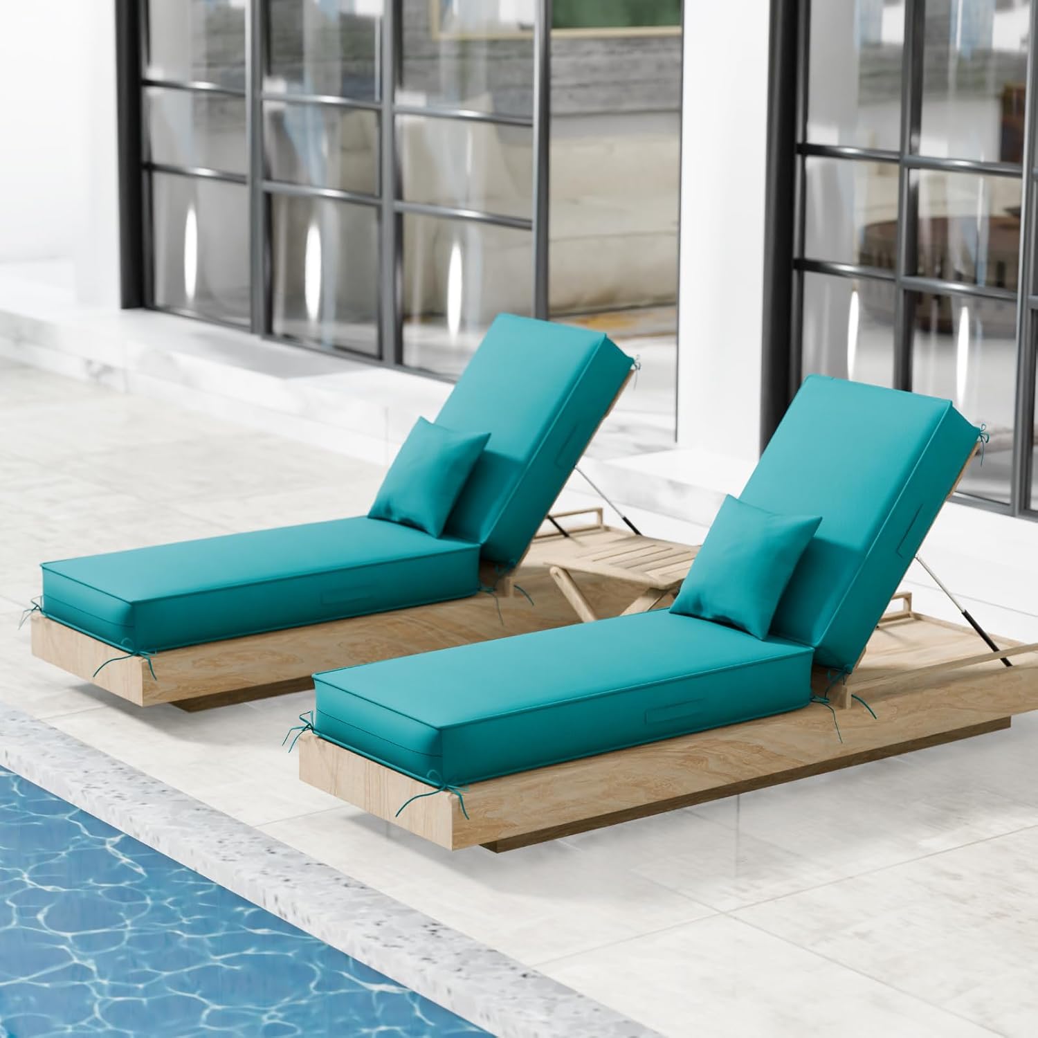 Chaise Lounge Cushions Outdoor Set of 2, 72x21x6 Inch Olefin Waterproof and Fade Resistant Patio Furniture Lounge Chair Cushions with Removable Cover, Lounger Pad with Handle & 16 Straps, Turquoise