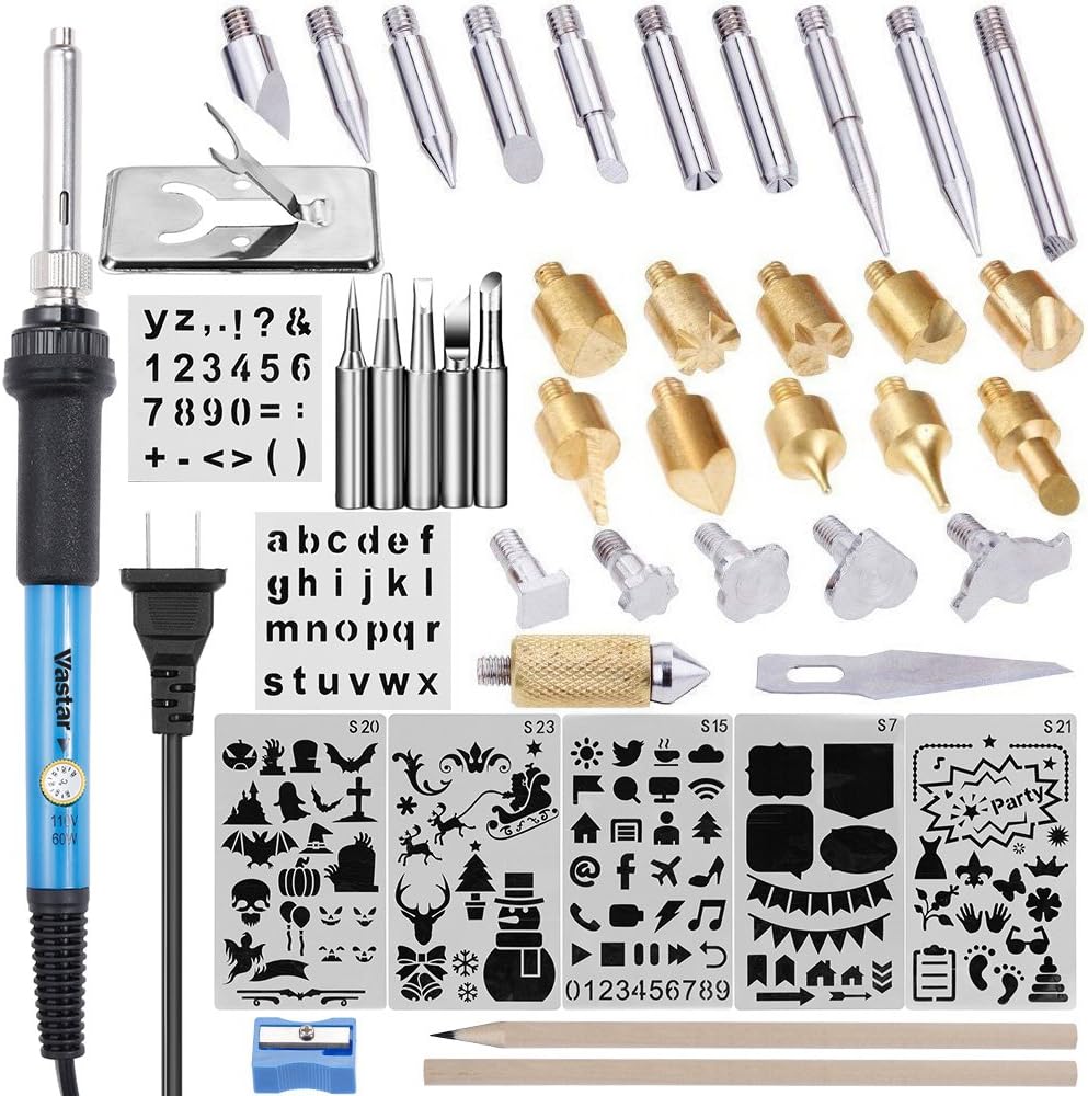 Vastar Wood Burning Kit, 44pcs Wood Burning Tool Temperature Adjustable with Soldering Pyrography Woodburning Pen + Embossing/Carving/Solder Tips, 7 Stencils, 2 Pencils, Stand & Sharpener (Blue)