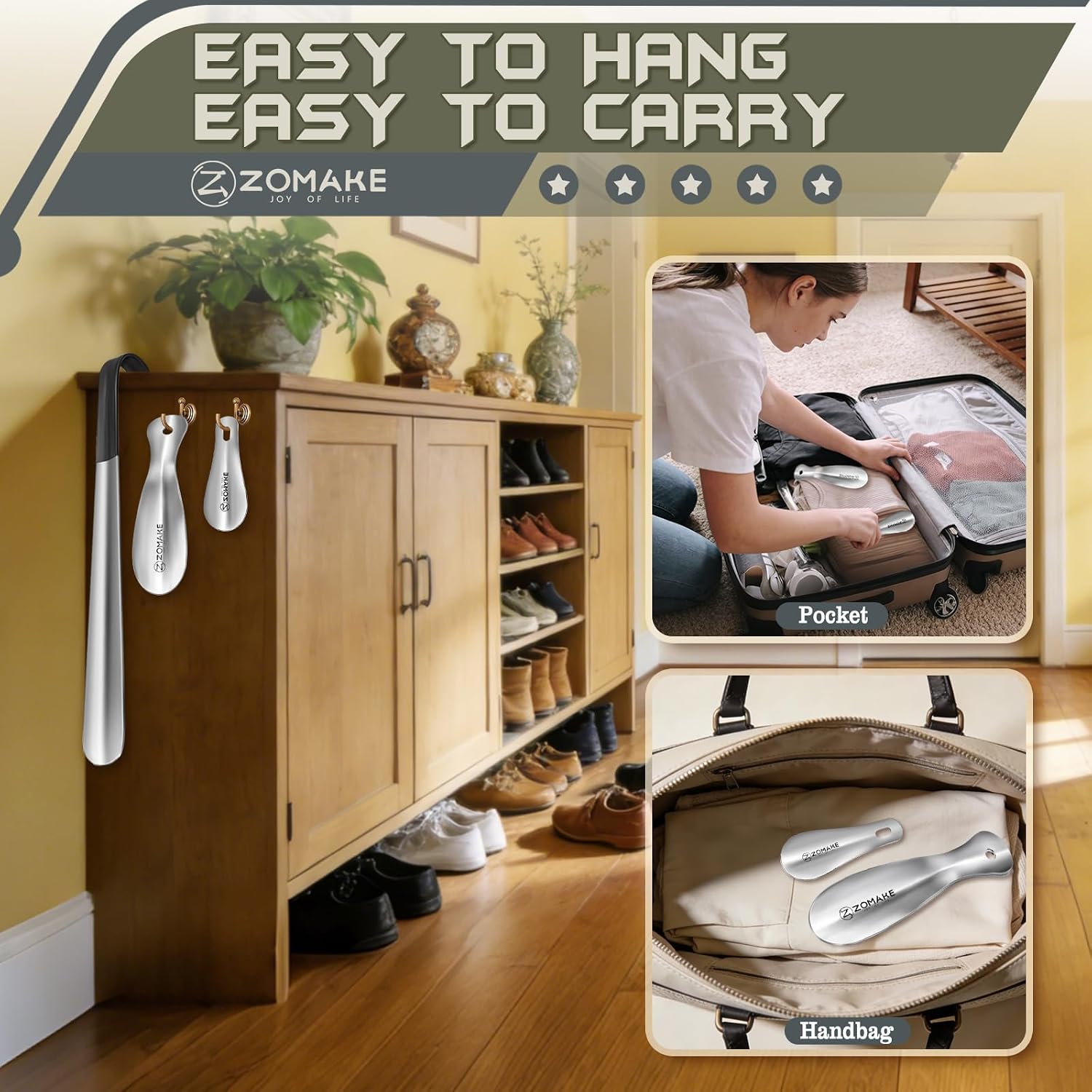 ZOMAKE Shoe Horn Long Handle for Seniors Men Women,Metal Long Shoehorn for Boots,16.5" Shoe Spoon Helper