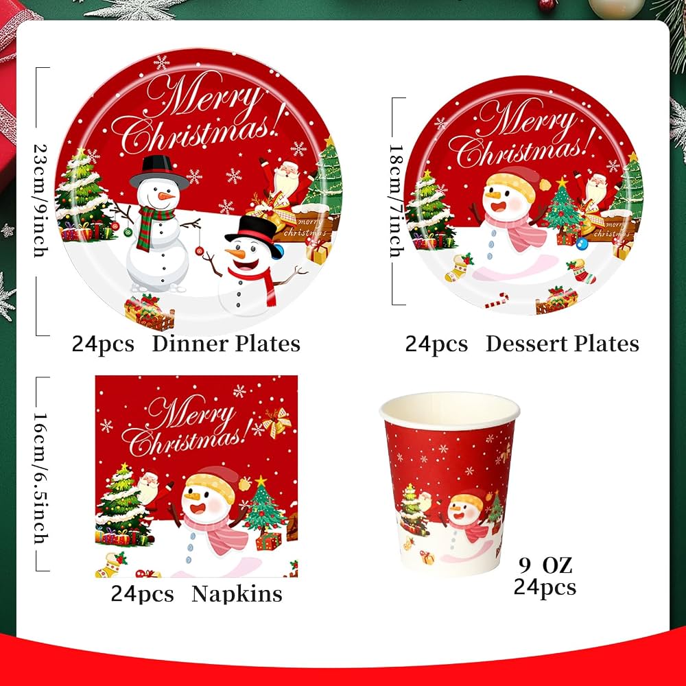 Stoviglie Di Carta Per Feste Di Natale - Set Completo Per 24 Ospiti, Con Piatti, Bicchieri E Tovaglioli - Decorazioni Natalizie Riciclabili