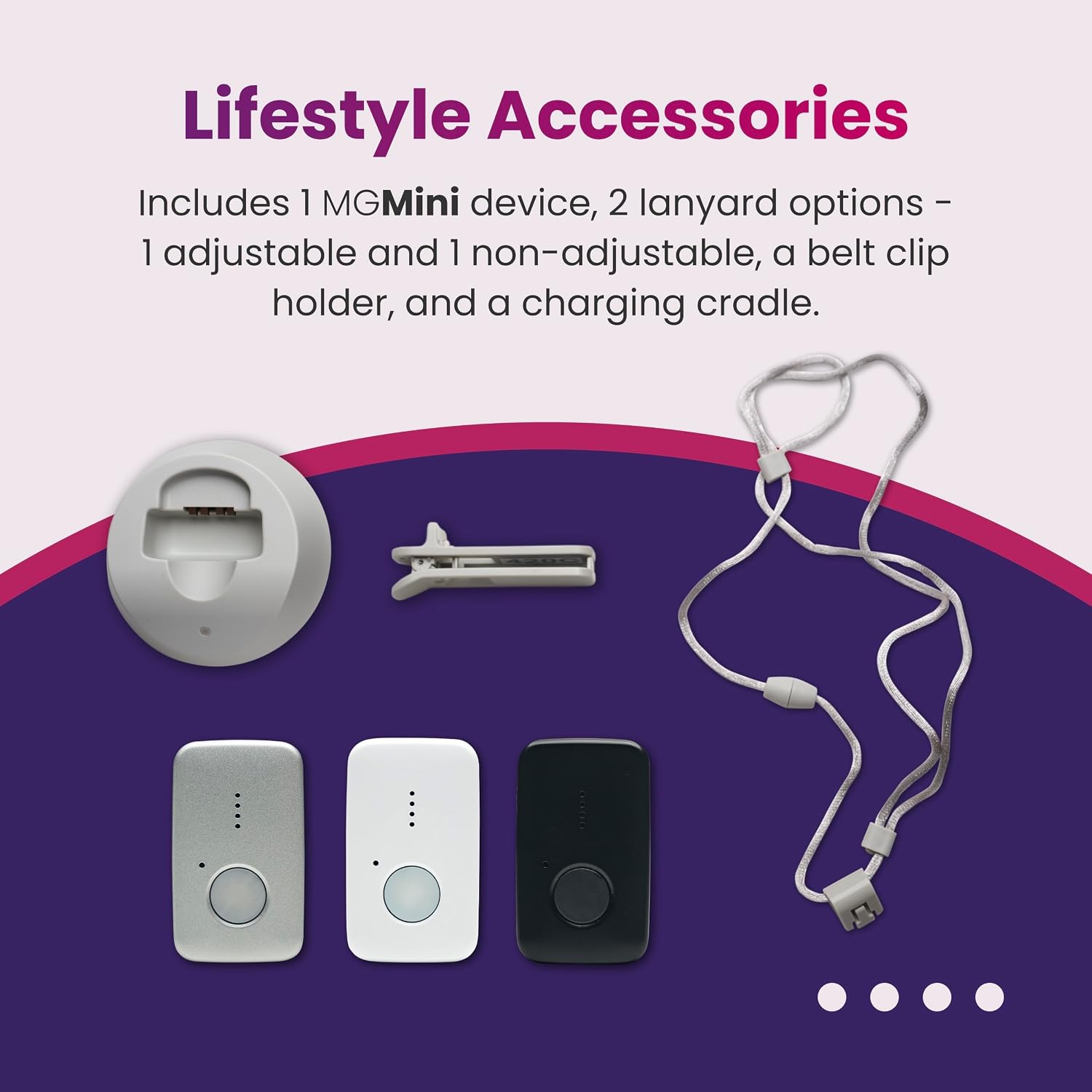 Contents of the MGMini box including the device, charging cradle, cables, and lanyards.