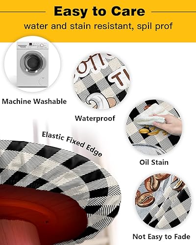 Miniatura 9 de Mantel redondo elástico de Navidad, mantel ajustable de invierno con diseño de muñeco de nieve, copo de nieve, bosque, para mesa redonda, a prueba