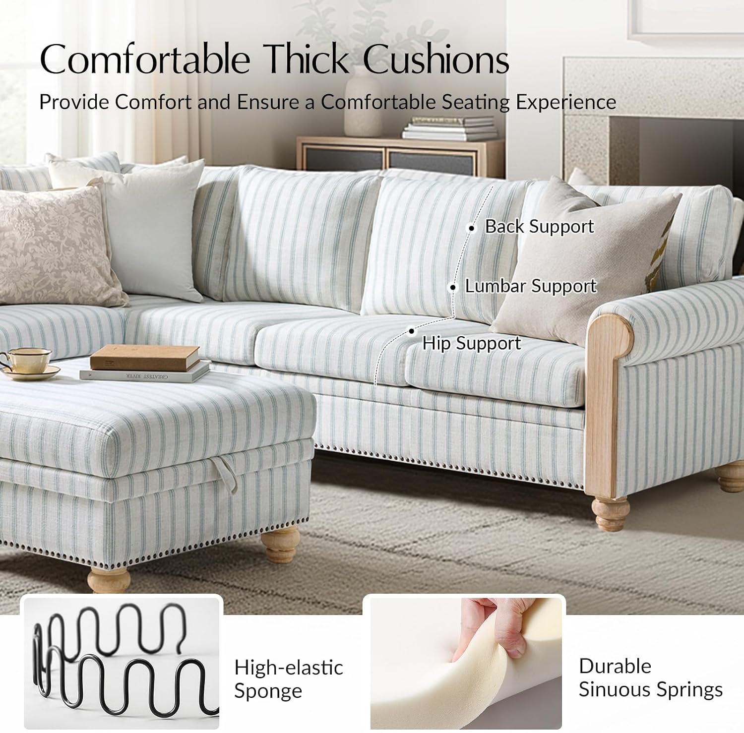 Farmhouse Modular Sectional Sofa 7-Seat L-Shaped Blue Storage Ottoman Deep Seat Wood Legs