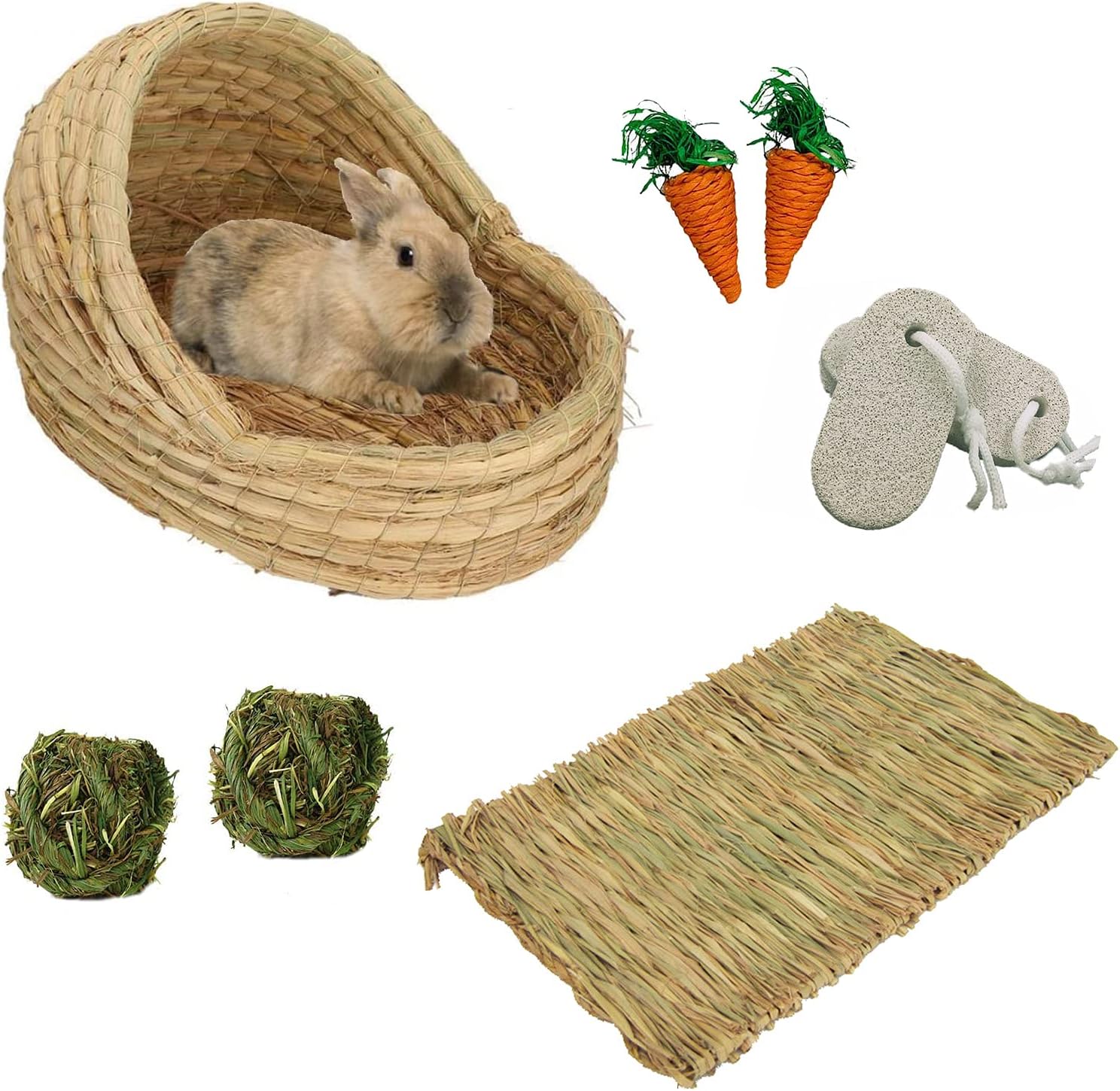 Tfwadmx Rabbit Grass Bed Natural Woven Bunny Straw Bedding Nest Hay Mat Cage Play Chew Toy Grass Mats Carrot Teeth Grinding Toys for…
