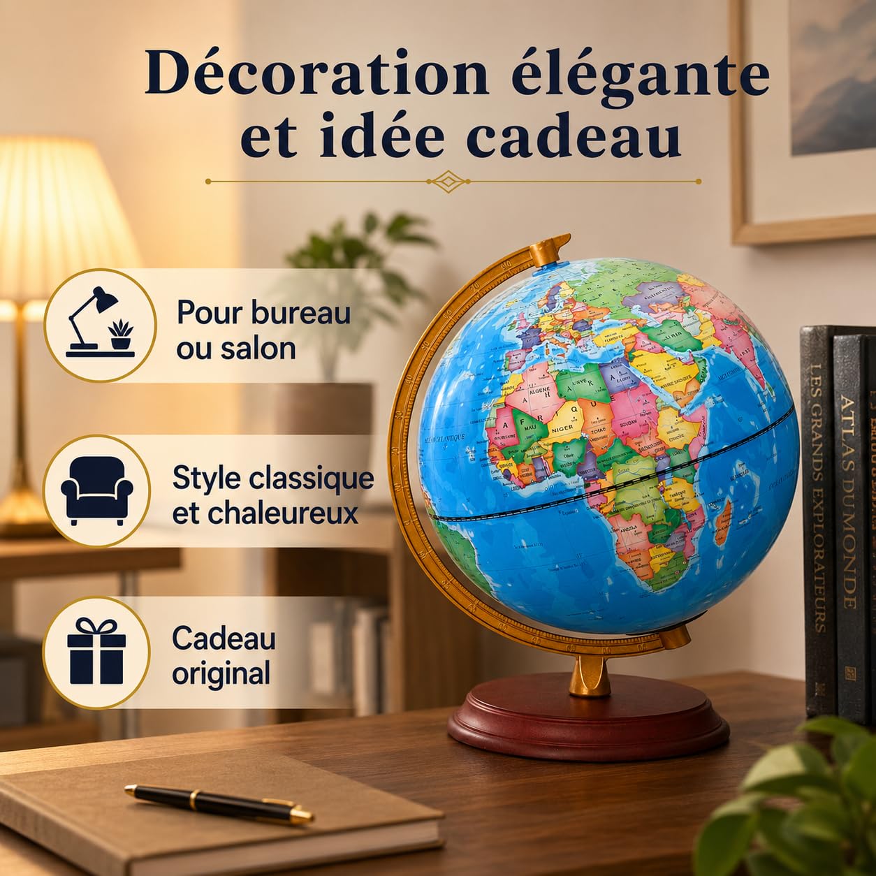 EXERZ Globe Lumineux 20 cm Français Carte & Constellations LED | Carte française, support bois, ciel étoilé LED et câble USB inclus pour bureau, maison ou cadeau éducatif.