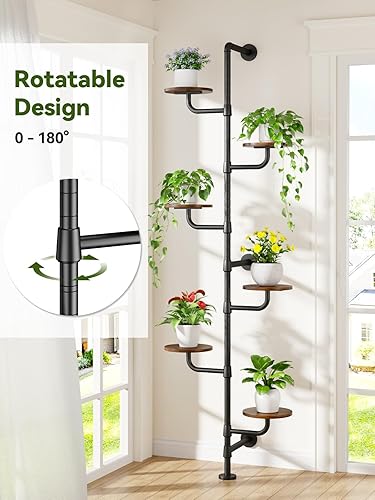Miniatura 5 de Soporte para plantas de interior, estante para plantas de 6 niveles, poste de metal alto montado en la pared y tablero de madera giratorio soporte