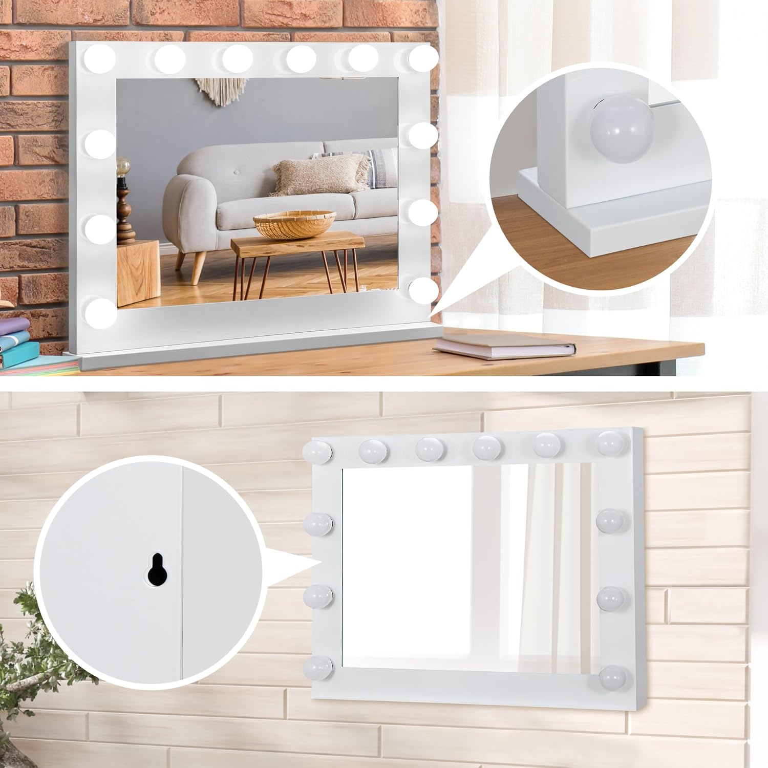 SUPER DEAL Hollywood Vanity Mirror with Lights, 20" x 25" Makeup Cosmetic Mirror w/14 Dimmable Bulbs, Tabletop or Wall Mounted, White