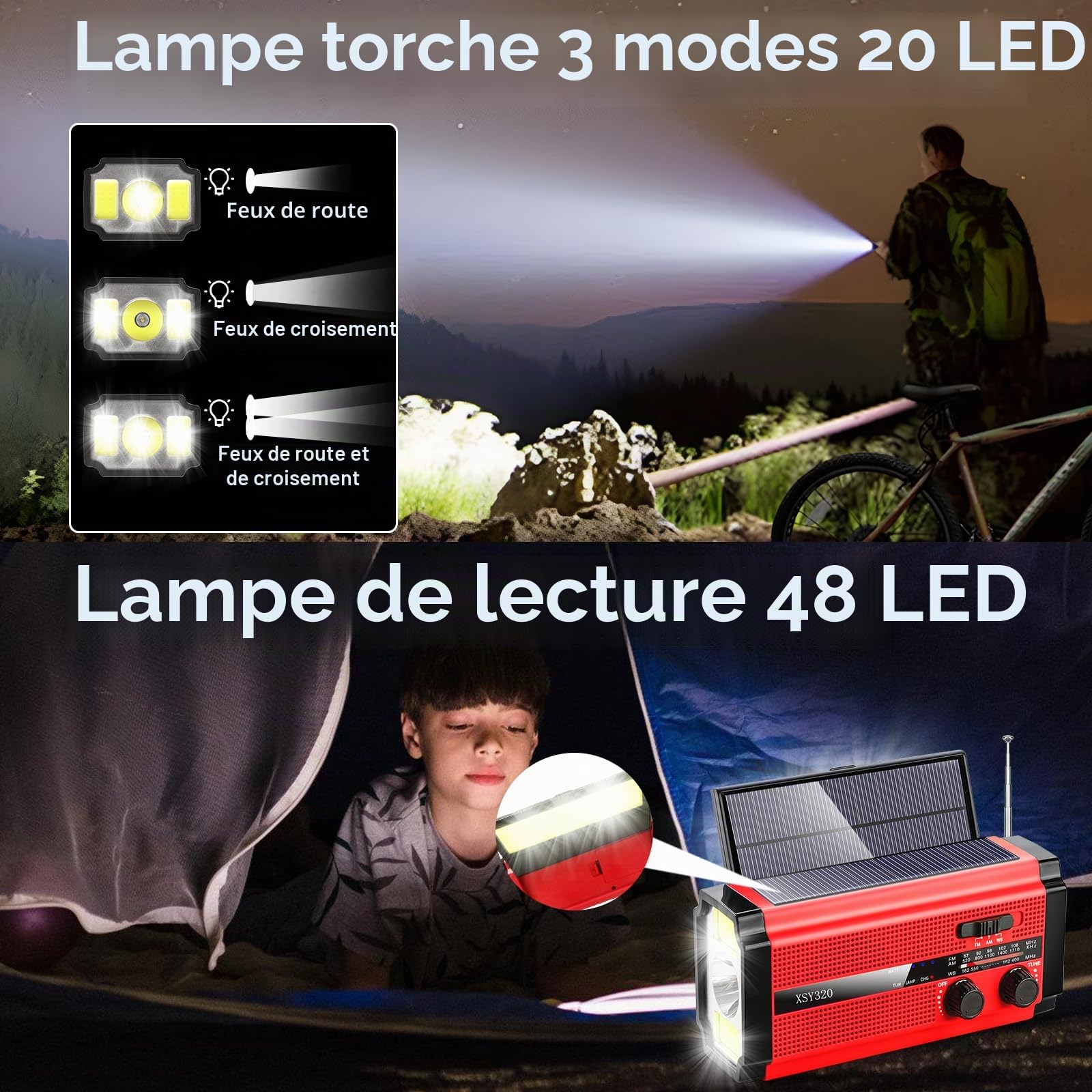 NOAA Radio d'urgence avec manivelle solaire portable SW/AM/FM pour la survie alimentée par batterie rechargeable, batterie remplaçable, horloge SOS alarme et lampe de poche (320 rouge)