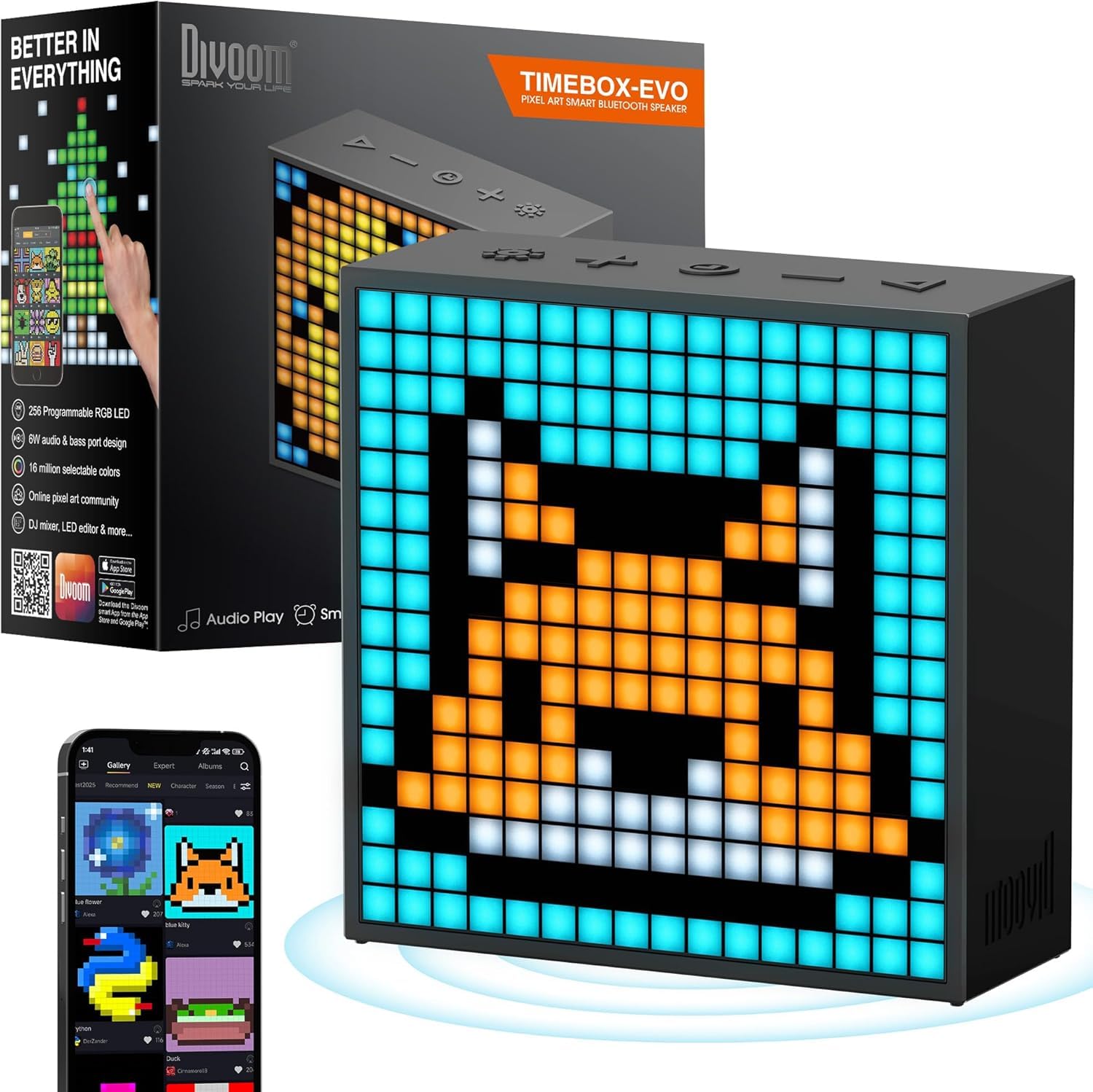 Divoom TimeBox Evo -- Pixel Art Bluetooth Speaker with 16x16 LED Display APP Control - Cool Animation Frame & Gaming Room Setup & Bedside Alarm Clock- Black
