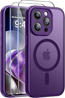 Qasyfanc für iPhone 15 Pro Max Hülle mit Panzer Schutz Glas Folie Kompatibel mit MagSafe, Hard PC Stoßfest Anti-Kratzer [Anti-Vergilbung] Rückseite Magnetisch Handyhülle - Dunkelviolett