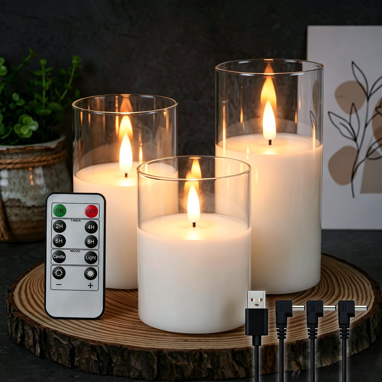 GenSwin Candele ricaricabili senza fiamma con timer remoto, candele a LED trasparenti a batteria con fiamma tremolante, vetro e vera cera, decorazione per la casa e le vacanze (set da 3, diametro 7,6