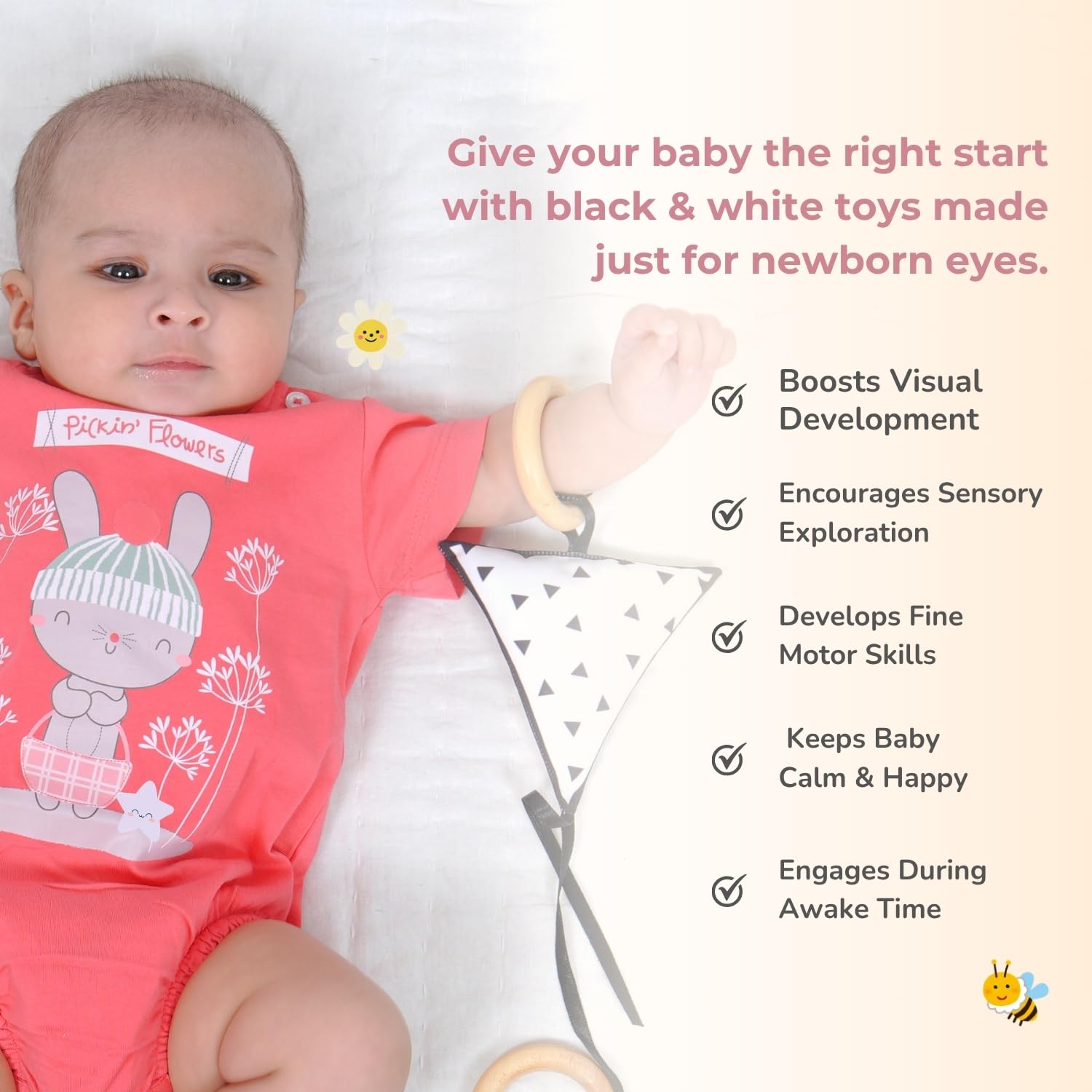 Tidy Sleep Baby Sensory Toys Pack of 3 | Black and White Newborn Visual Stimulation Toy with Neem Wooden Rings | Soft Shapes for Infant Brain Development | Montessori Crinkle Toys 0-12 Months - Image 3 thumbnail