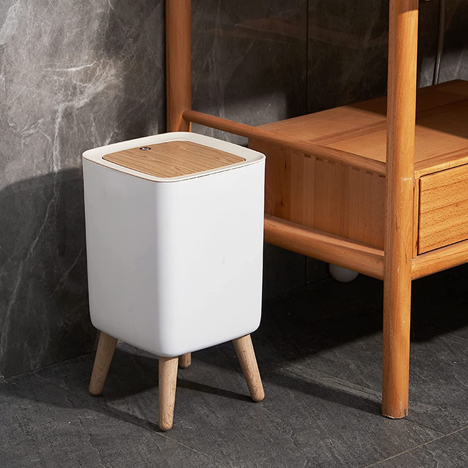 BLURISM Trash Can with Lid, Plastic Garbage Can with Push Button,Slim Trash Can for Bathroom,Tall Kitchen Trash bin, Narrow Modern Waste Basket for Bathroom,Living Room,Toilet,Office (White)