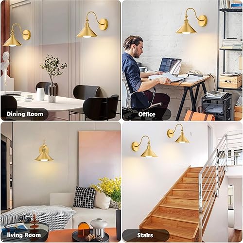 Miniatura 5 de Aplique de pared inalámbrico con pilas, juego de 2 luces de pared industriales doradas, lámpara de pared magnética recargable vintage con control