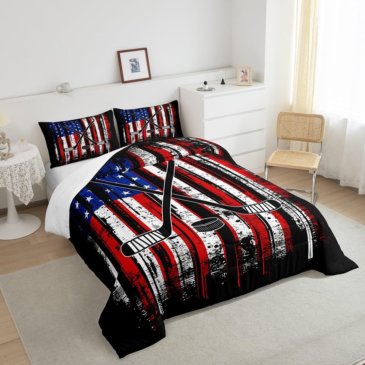 Manfei Ice Hockey Comforter Set Full Size, American Flag Print Bedding Set 3pcs for Kids Boys Teens Room Decor, Hockey Sports Gaming Theme Down Comforter with 2 Pillowcases, No Sheets