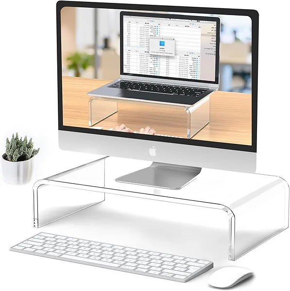 Beimu Acrylic Monitor & Laptop Stand Riser - Clear Computer & Laptop Stand for Desk - Compatible with iMac, MacBook & All Notebooks - White Aesthetic Decoration for Office & Home