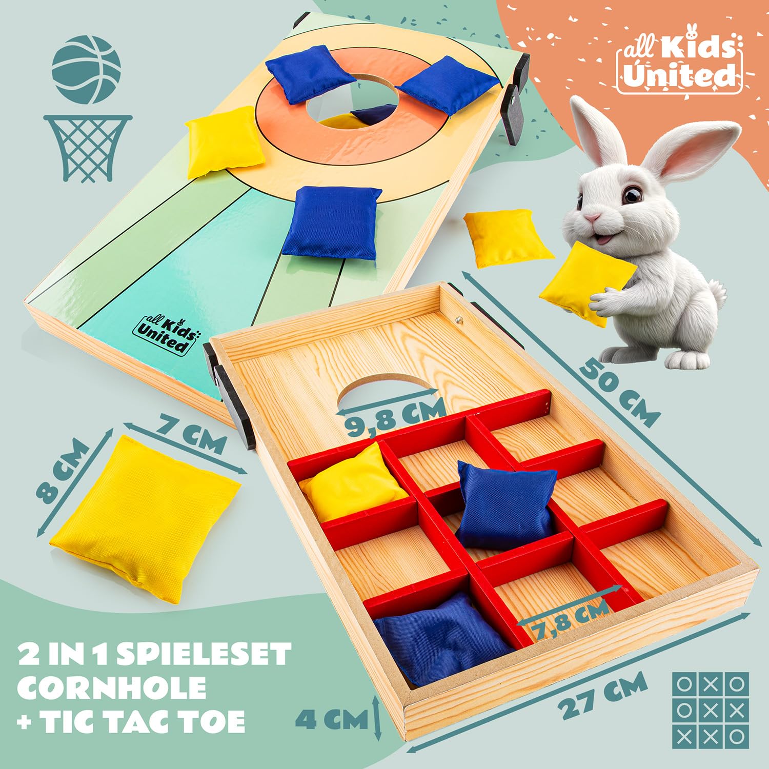 all Kids United® Mini Cornhole-Spiel für Kinder; Indoor & Outdoor Geschicklichkeitsspiel mit Sandsäckchen; Perfekt für Kinderzimmer, Garten und Partys – Fördert Zielgenauigkeit & Spielspaß