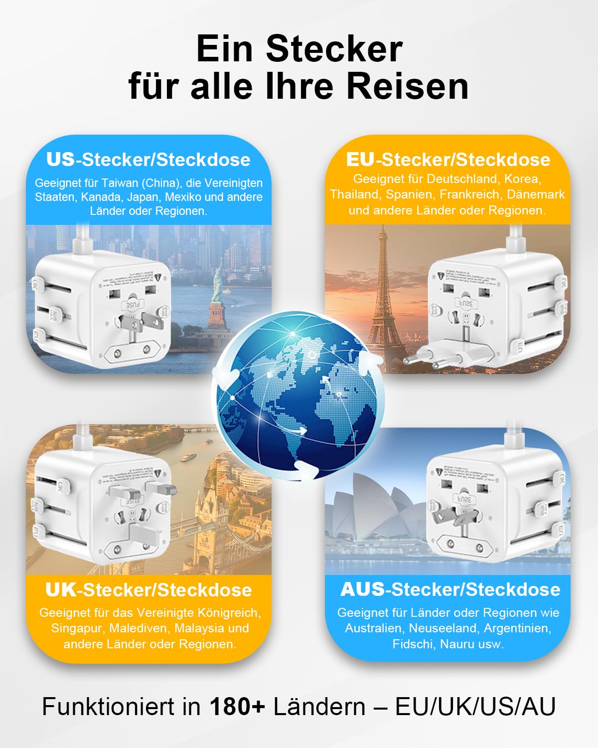 Adattatore da viaggio universale con cavo da 1,8 m, doppia presa da viaggio per EU/DE, spina da viaggio in tutto il mondo con USB C PD 30 W e 3 USB, adattatore internazionale per USA, UK, AU, ciabatta