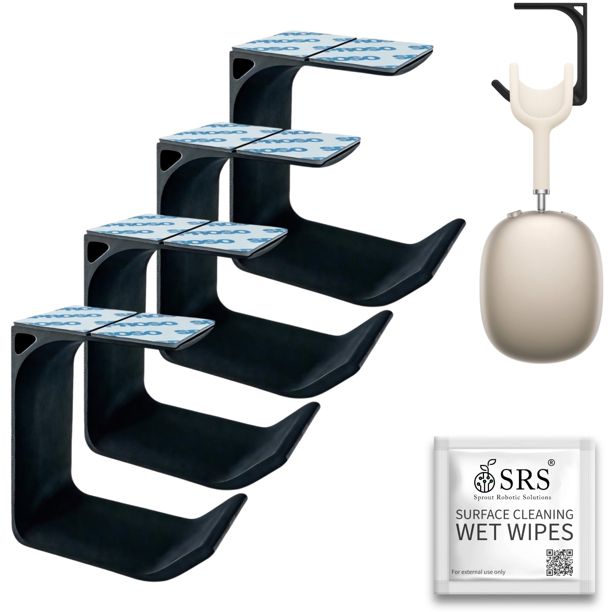 srs® headphone stand holder under desk headphone hook holder hanger & cable organizer for all professional | gaming headsets | stick-on adhesive with surface cleaning wipes (black, pack of 4)