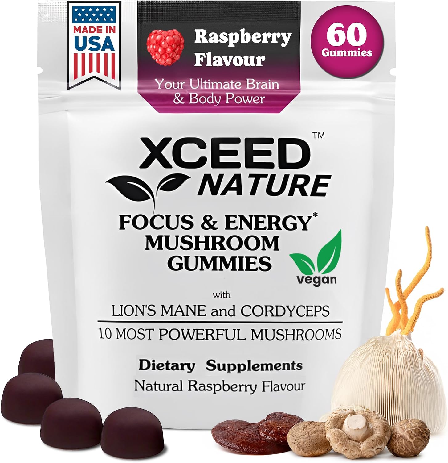 Lions Mane & Cordyceps Mushroom Gummies - 10in1 Supplement - for Focus, Energy, Mood, Memory & Clarity - 60 Pcs
