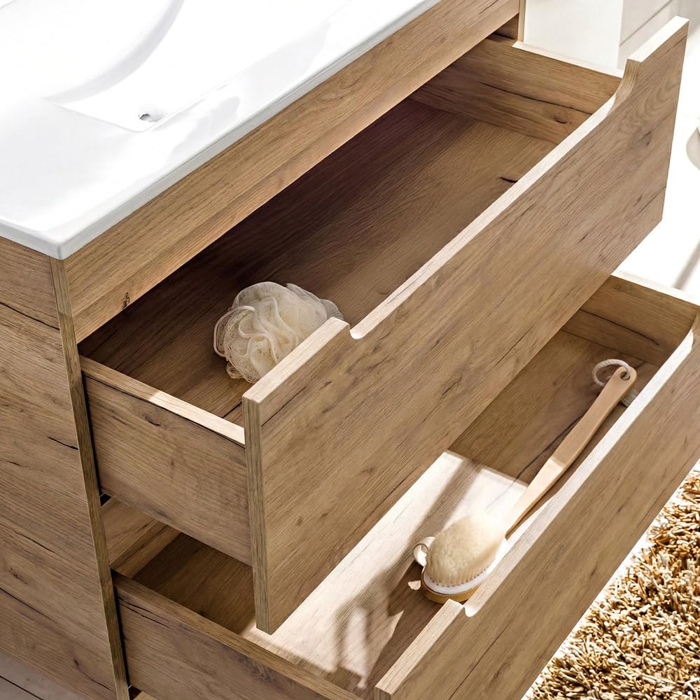 Lomadox Badezimmermöbel Komplett Set Eiche 81 cm Waschtisch, LED-Spiegelschrank, Hochschrank