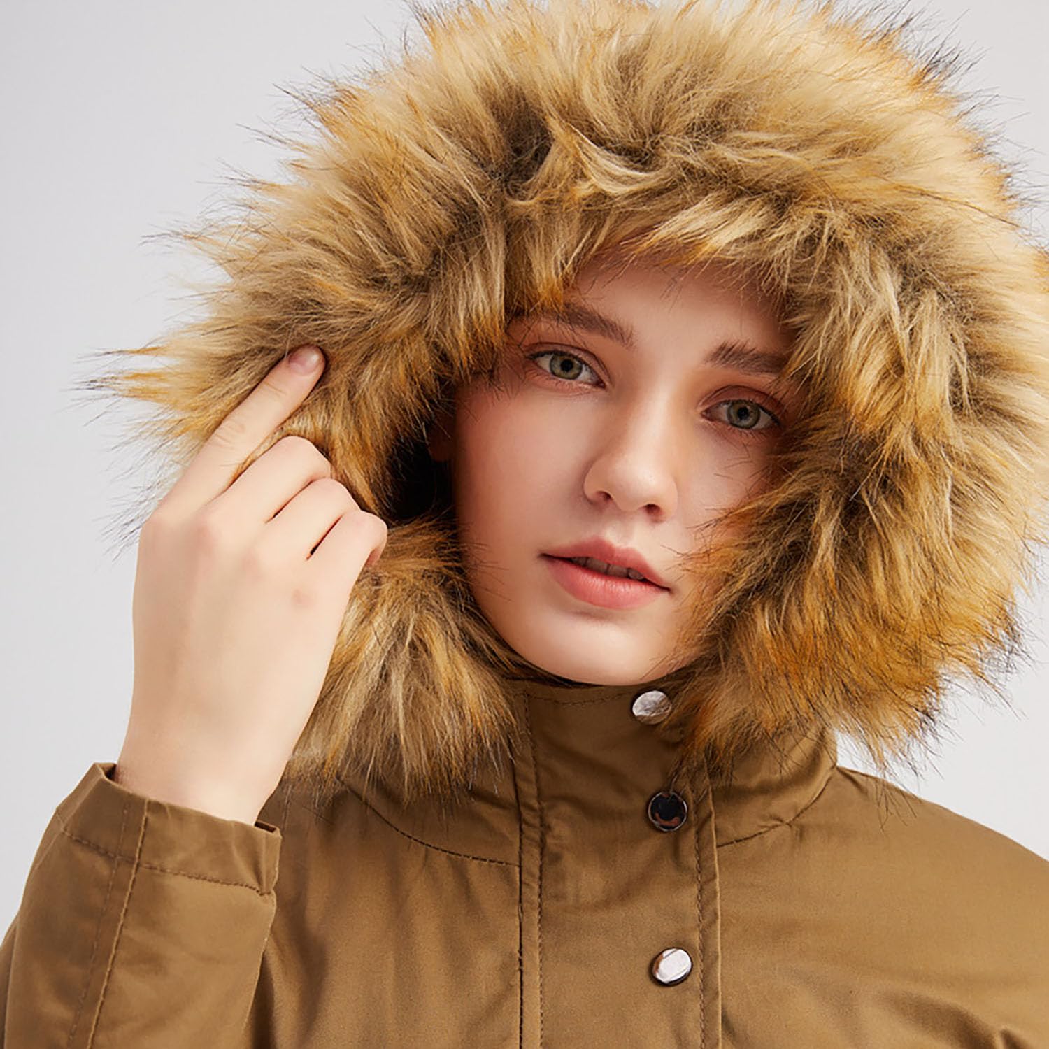 Frauen Winterjacke Kunstpelz Kapuze Baumwolle Gepolstert Mantel Damen Parka Oberbekleidung Zip Up Plus Size Solid Outdoor Sportbekleidung,Khaki,L(Chest:116cm)