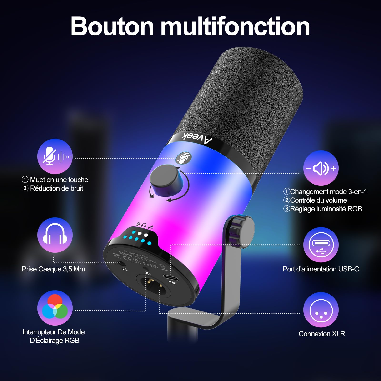 Aveek Microphone Dynamique USB/XLR avec Bras pour Gaming & Streaming