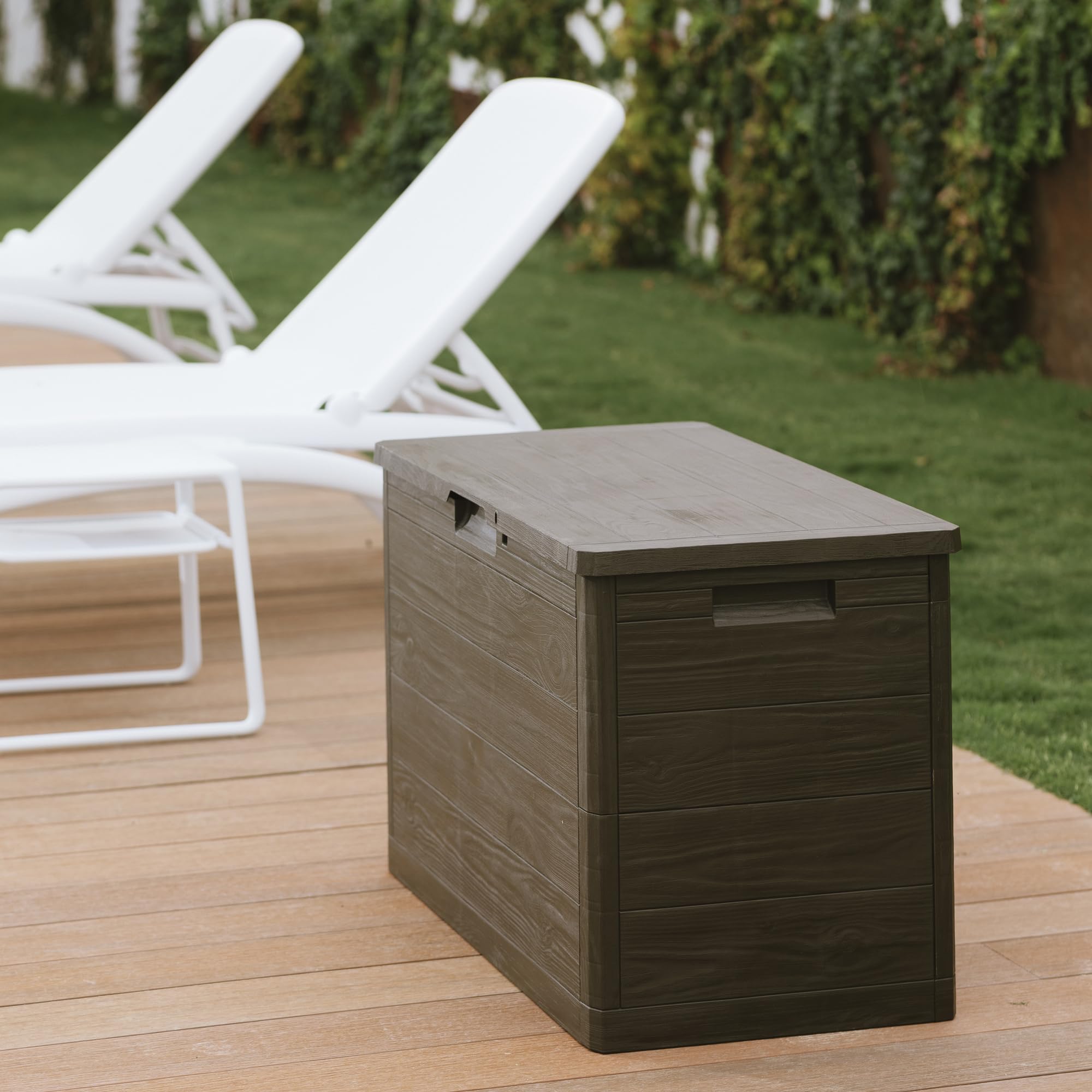 Toomax Truhe Multibox Woody's 160L Gepäckträger für den Außenbereich, Holzoptik, Maße 77,5 x 44,5 x 52,7 cm, Braun