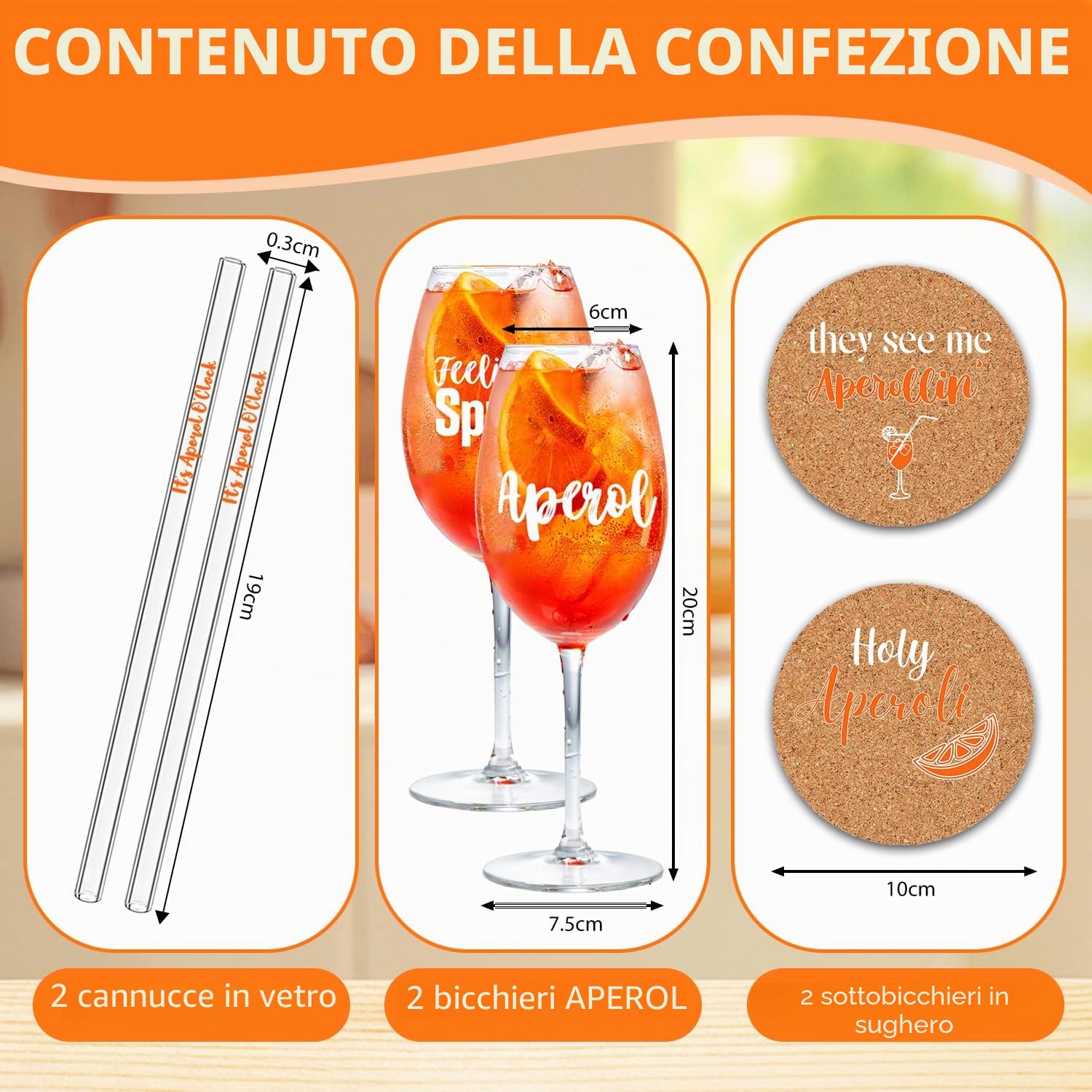 Confezione da 2 bicchieri Aperol Spritz YYSWSAKY - Cannucce in vetro - Sottobicchiere - Bicchieri da cocktail - Ottimo regalo