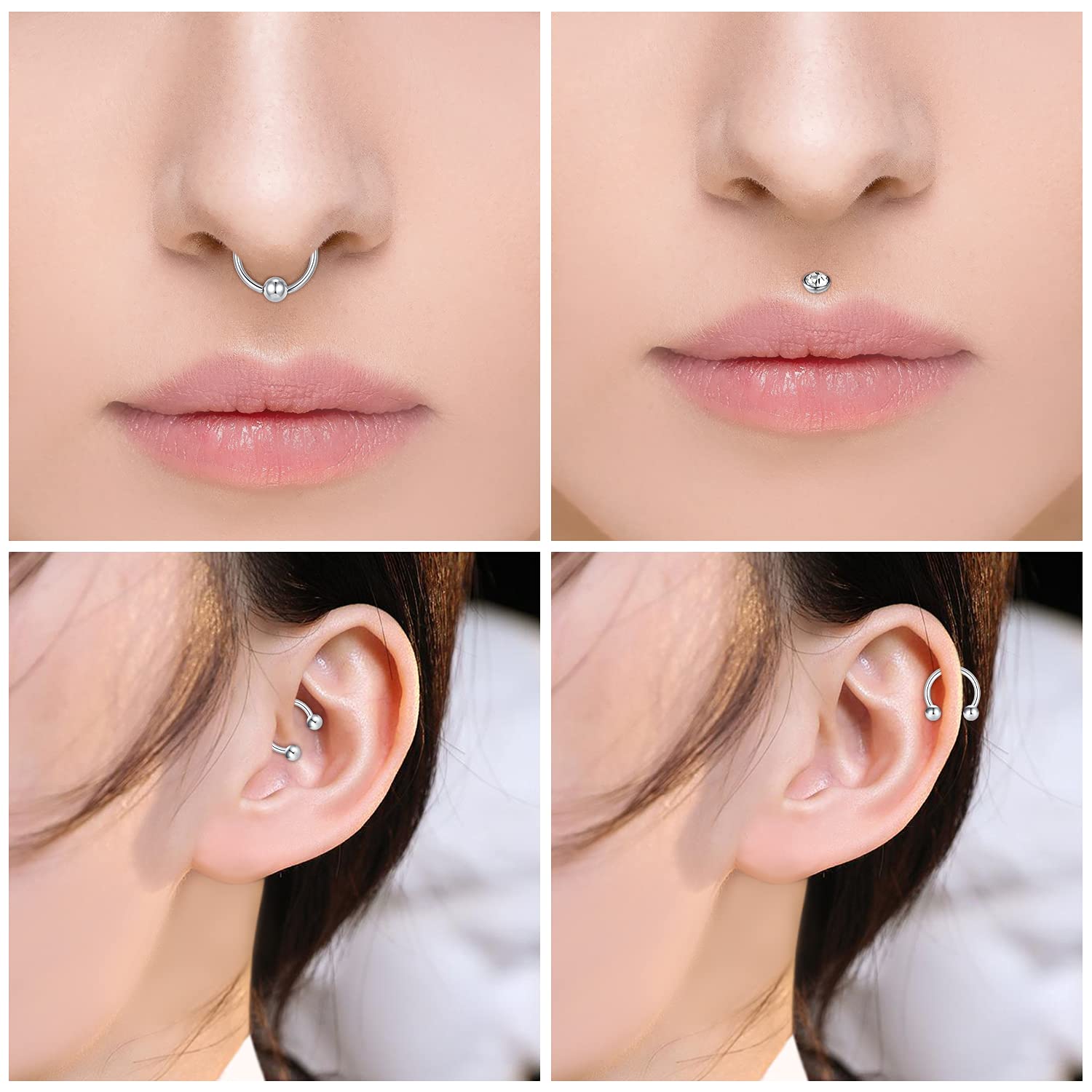 Briana Williams Septum Piercing Aro Nariz Herradura Acero Quirurgico 16G Helix con Bolitas Pendientes de Oreja Plata 6/8/10/12mm — view 6