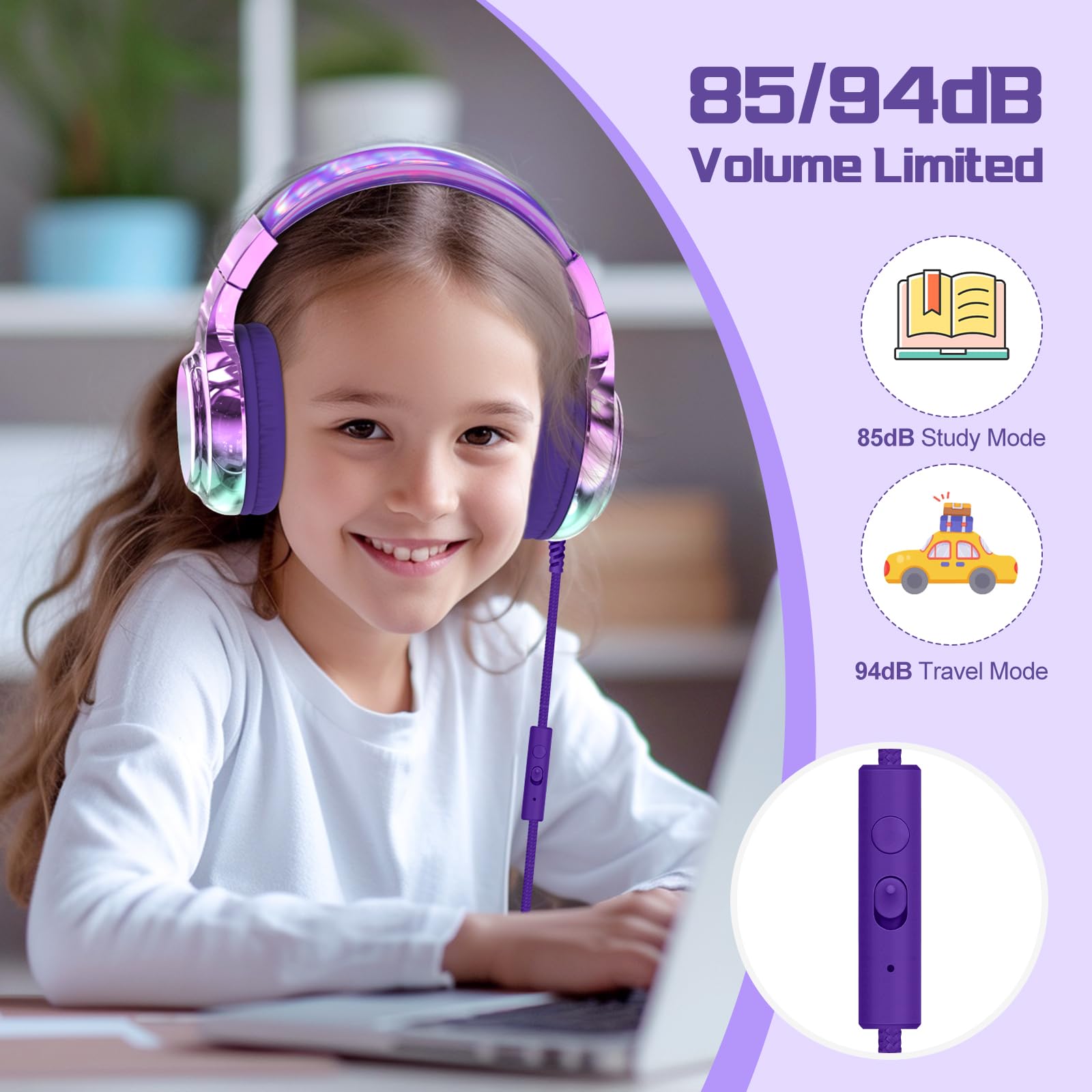 JYPS Kinder Kopfhörer,Kopfhörer Kinder mit Kabel,85/94 dB Volume Limit,Faltbare Kopfhörer für Mädchen ab 2 3 5 6 7 Jahre,Over Ear Schule Kopfhörer mit Mikrofon und 3.5mm Jack für iPad/Tablet
